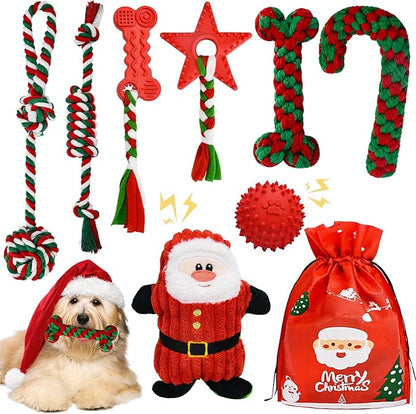 MRSOHRET Christmas Dog Toys, 9 Pack Dog Rope Toy, Puppy Chew Toy for Teething with Gift Bag, Plush Squeaky Toy, Christmas Stocking Stuffers for Small Medium Dogs