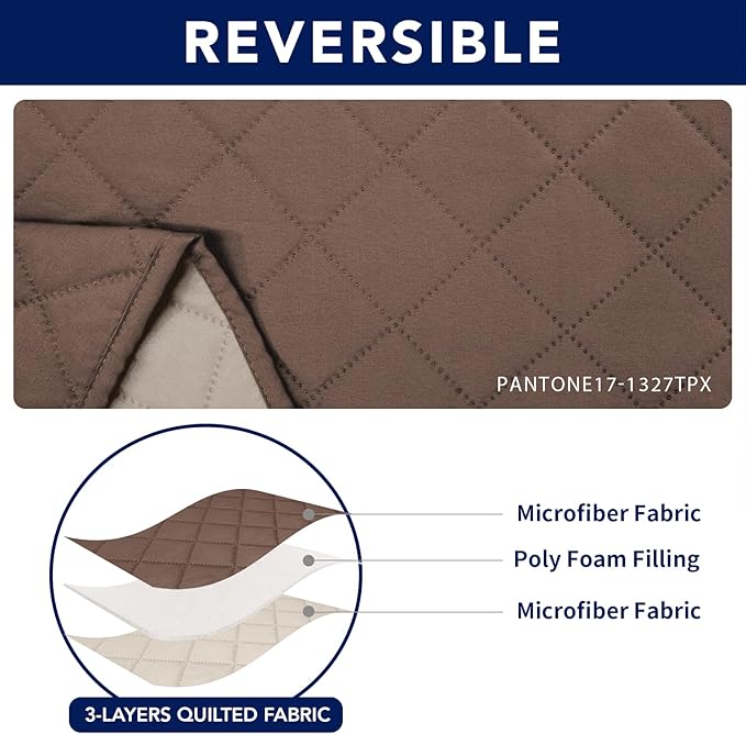 PureFit Water Resistant Reversible Loveseat Recliner Couch Cover for Double Recliner with Console – Non Slip Split Sofa Cover, Washable Reclining Cover for 2 Seat Recliner (2 Seat, Brown/Beige)