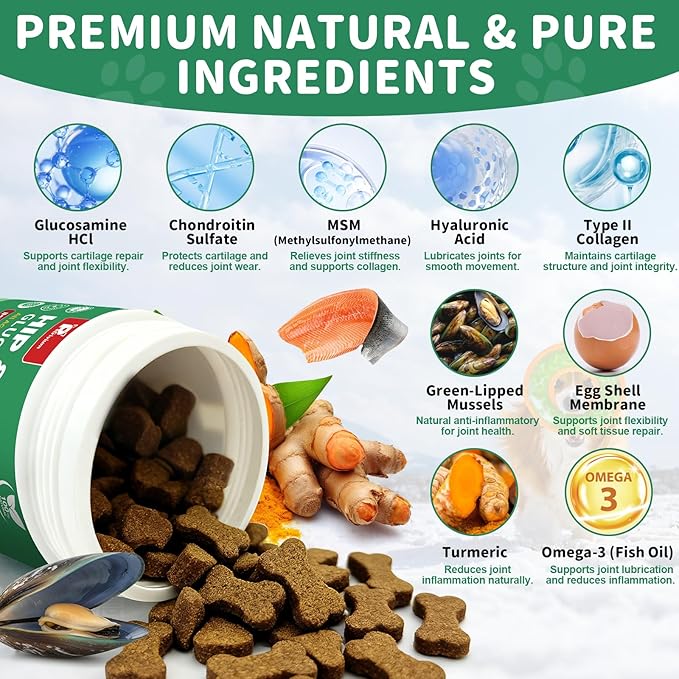 Hip and Joint Supplement for Dogs, Glucosamine Treats Chews with Chondroitin, MSM, Turmeric - Support Joint Pain Relief, Mobility, Reduce Occasional Discomfort, Fit All Ages and Breeds, 150 Soft Chew