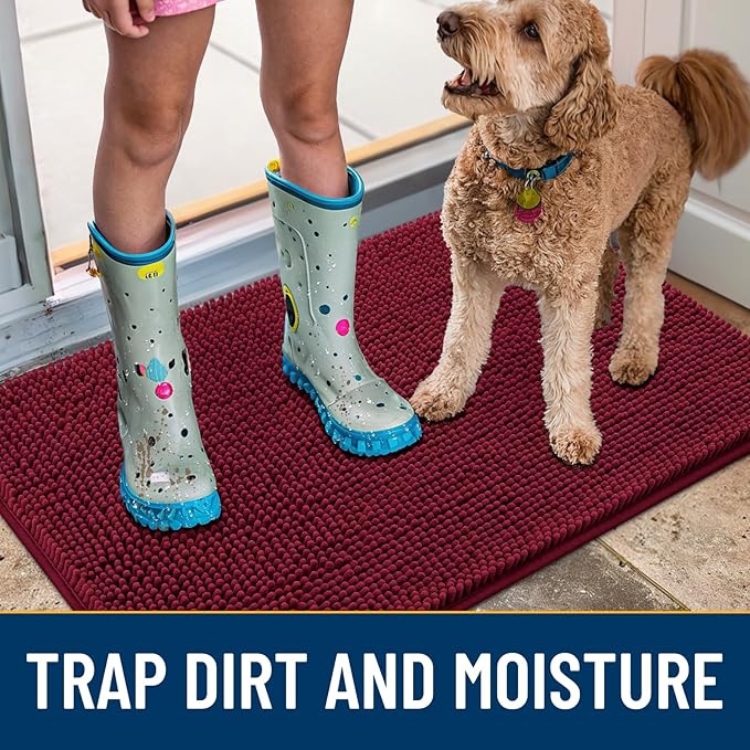 Smiry Dog Door Mat for Muddy Paws 59x35, Absorbs Moisture and Dirt Doormat, Non-Slip Washable Quick Dry Chenille Front Door Mat Indoor Entrance, Entryway Carpet for Inside Floor, Burgundy