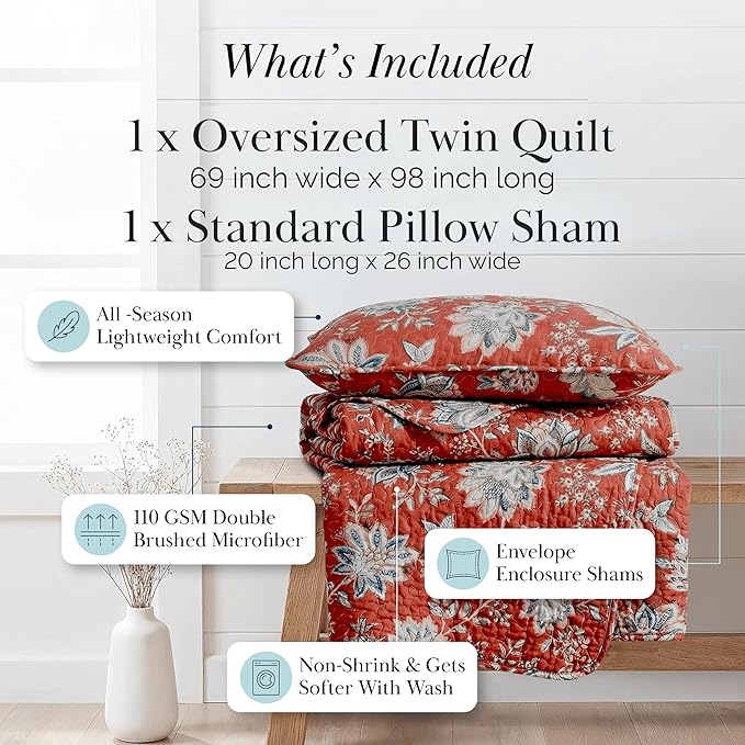Southshore Fine Living, Inc. Oversized Quilt Bedding Set, 2-Piece Twin XL Coverlet with Matching Sham, Jacobean Willow Floral Coverlet, All Season Quilt Bedspread, Lightweight Twin Quilts, Red