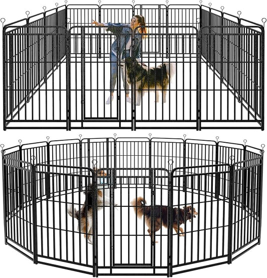 Kfvigoho Heavy Duty Dog Playpen: 16 Steel Panels 47" Height, Square Steel Pipe with Reinforced Crossbars, 36FT 103 Sq.ft Portable Fence for Yard RV Camping, Snowy Black