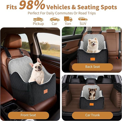 XEEP Dog Car Seat Bed for Small/Medium Dogs – Dog Booster Car Seat Up to 35 lbs -Use Travel Booster Seat with Memory Foam, Safety Belt, Bonus Urine Pad & Blanket, Removable Washable (Black/Grey)