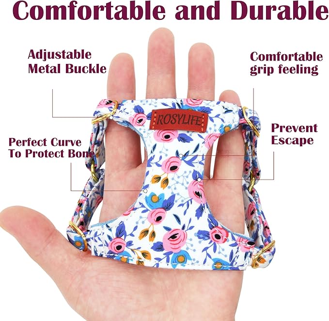 No Pull Dog Harness Adjustable Small Dog Harness and Leash Set, Lightweight and Soft Dog Harness No Choke Escape Proof Pet Harness Vest (Blue Rose, XS)
