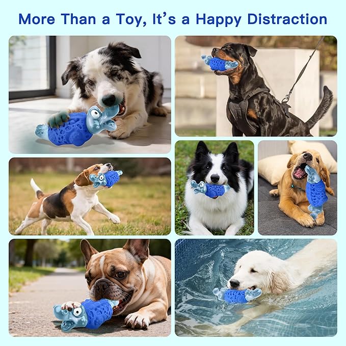 Dog Chew Toys for Aggressive Chewers, Tough Squeaky Dog Toy for Large Medium Dogs, Bacon Flavor Nylon & Natural Rubber, Dental Care Interactive Dog Toys to Reduce Boredom, Royal Blue
