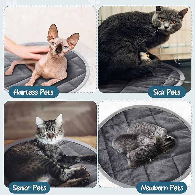 Drydiet 2 Pcs Self Warming Cat Mat Round Self Heating Pad Bed Reversible Machine Washable Heated Bed Anti Slip Warming Pad Pet Mat for Cat Crate Indoor Outdoor(Gray,16 Inch)