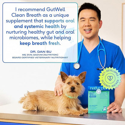 GutWell Clean Breath - Dog Breath Freshener & Dog Dental Powder - Teeth Cleaning to Reduce Plaque & Tartar - Promotes Fresh Breath with Targeted Triple-biotic Dental Care Blend - 120 Scoops
