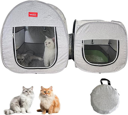 Portable Cat Playpen, Pop-up 2-in-1 Crate Playpen with Litter Box Area for Travel Indoor Outdoor, Foldable Pet Playpen Enclosed for Kitten Puppy Rabbit Hamster Small Animals