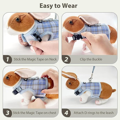 AIITLE Adjustable Bunny Harness & Leash Set - Soft Mesh Liner, Comfort Fit Plaid Pattern Vest with Magic Tape Design, Portable for Small Animal Pets Rat Squirrel Ferret Puppy Cat, Blue L