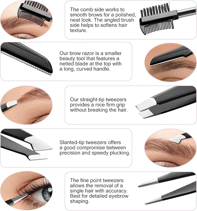 Exquisite 8-in-1 Eyebrow Kit for Women & Men – Luxury Eyebrow Grooming Kit with 4 Precision Tweezers For Eyebrows, Eyebrow Razor, Eyebrow Scissors, Eyebrow Brush/Comb & Pencil with Padded Case
