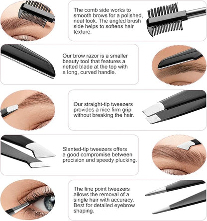 Exquisite 8-in-1 Eyebrow Kit for Women & Men – Luxury Eyebrow Grooming Kit with 4 Precision Tweezers For Eyebrows, Eyebrow Razor, Eyebrow Scissors, Eyebrow Brush/Comb & Pencil with Padded Case