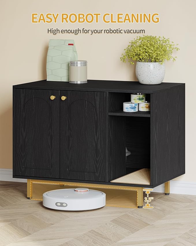 Hzuaneri Cat Litter Box Enclosure Enclosed, Hidden Litter Box Cabinet Furniture with Storage, Wooden Indoor Cat House Large, Modern End Table for Living Room Entryway, Black and Gold CB01504G