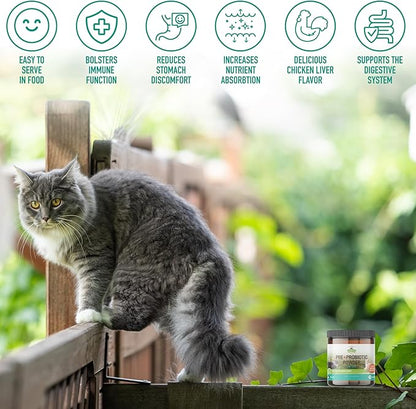 Strawfield Pets' Pre + Probiotic Powder for Cats with Catnip Probiotic for Cats Constipation, Diarrhea, Digestion Relief Immune Support Supplement Natural Chicken Liver Flavor 120 Grams / 120 Scoops
