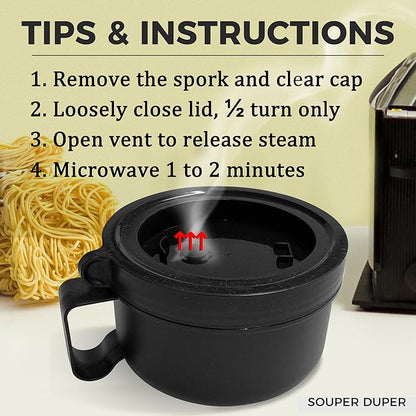 Souper Duper Ramen Bowl Set with Utensil • Heat & Eat Noodles in the Same Soup Bowl • Meal Prep Containers with Lids • Lunch Containers • Microwave, Freezer, Dishwasher Safe (Black)