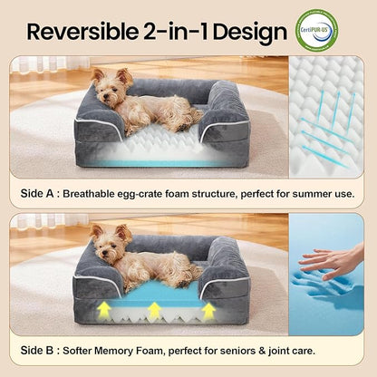 OhGeni Orthopedic Dog Bed Couch Cat Sofa for Small Sized Pets with Memory Foam, Machine-Washable Waterproof Removable Cover, Soft Comfortable Fabric, 22-inch (Gray)