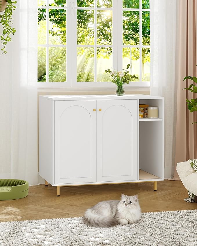 Hzuaneri Extra Large Cat Litter Box Enclosure, Automatic Litter Box Furniture with Scratch Pad, Wooden Modern Self-Cleaning Cat Cabinet with Storage, Cats House, End Table, White and Gold CB87103G