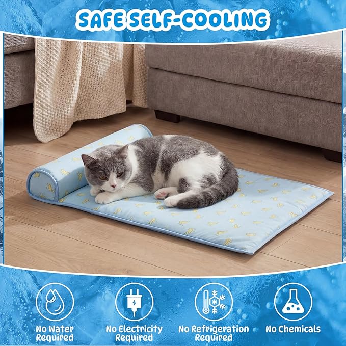 DoubleFill 4 Pack Cooling Dog Mats with Supportive Pillow 15.7" x 23.6" Self Cooling Dog Pads Ice Silk Washable Pet Cool Mat Summer Cat Sleeping Pad with Storage Bag for Crate Bed (Small, Blue)