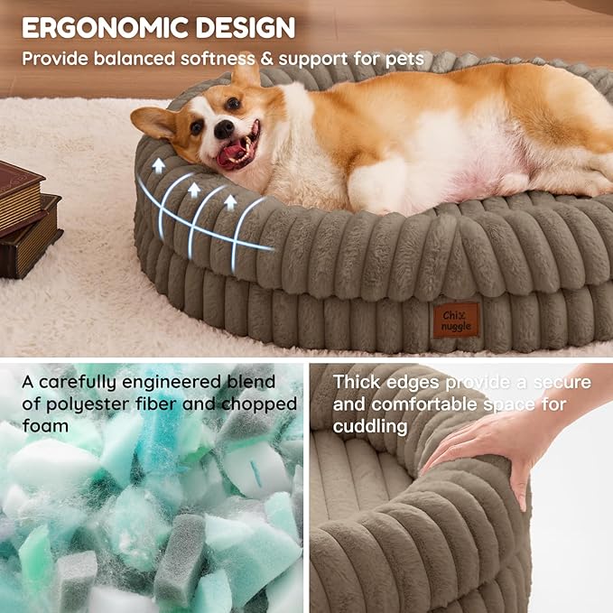 ChiXnuggle Dog Bed Large Sized Dog - Luxury Striped Faux Fur Waterproof Dog Couch with Removable Washable Cover, Orthopedic Dog Bed with Bolster Sides for Sleeping, Taupe