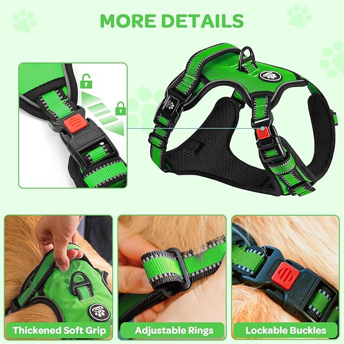 FURRYFECTION Plaid Dog Harness for Large Dogs, Reflective No Pull Adjustable Pet Vest with Front Clip, Leash, Easy Control Handle and Seat Belt, Green, L