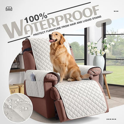KinCam 100% Waterproof Recliner Chair Cover, Reclining Couch Covers for Pets, Dogs, Recliner Couch Slipcover Furniture Protector with Elastic Straps for Kids(23.6", Beige White)