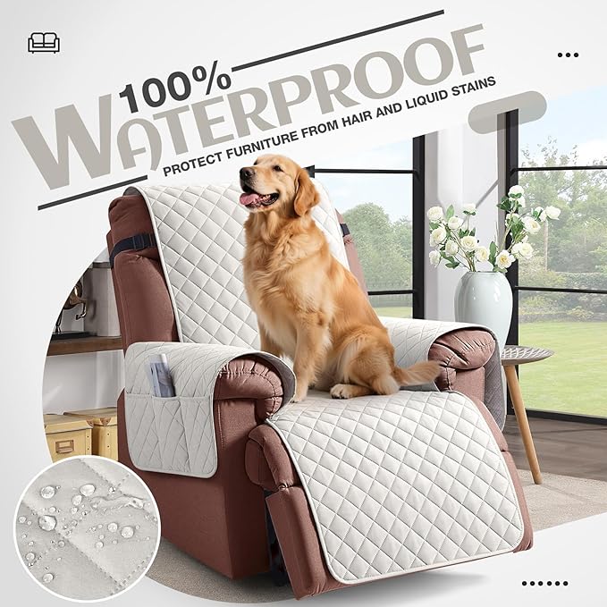 KinCam 100% Waterproof Recliner Chair Cover, Reclining Couch Covers for Pets, Dogs, Recliner Couch Slipcover Furniture Protector with Elastic Straps for Kids(30", Beige White)