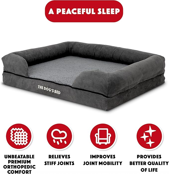 The Dog’s Bed Orthopedic Memory Foam Dog Bed with Bolsters for Medium Dogs, Waterproof Washable Cover, Anti-Slip Base, Calming Surface – CertiPUR-Certified Foam, Plush Fabric, Grey Plush, Medium