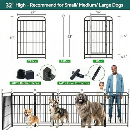 Dog Playpen Outdoor 24 Panels 32'' Rustproof Metal Dog Fence with Gate Small Medium Portable Large Dog Play Pen 54FT, 144 Sq.ft for RV Camping, Trips, Play Yard