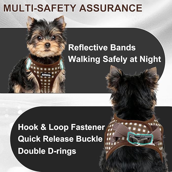 AIITLE No-Pull Pet Harness with a Leash, Plaid Comfort Padded Vest, Step in Dog Harness, Reflective Bands, Soft Breathable Pet Supplies, for Small and Medium Dogs and Cats Chocolate S