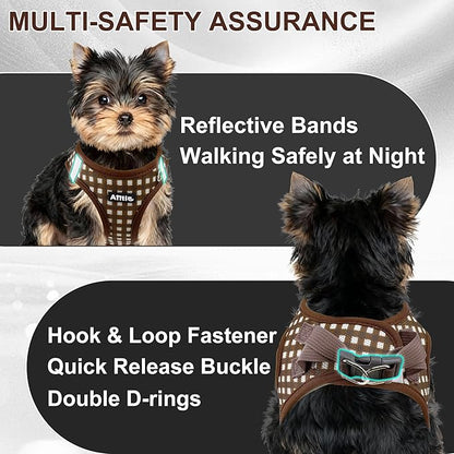 AIITLE Breathable Mesh Dog Vest Harness, No Pull Escape Proof Vest Harnesses with Reflective Bands, Adjustable Plaid Pet Outdoor Harnesses for Small and Medium Dogs Chocolate M