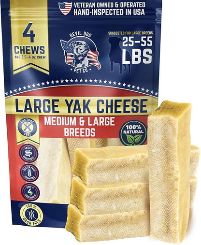 Devil Dog Pet Co - Yak Cheese Dog Chews Large 4 Pack for Aggressive Chewers - Odor-Free Long Lasting Himalayan Treats, Medium & Large Breeds 25-55 lbs, 4-Ingredient Dental Enrichment & Anxiety Relief