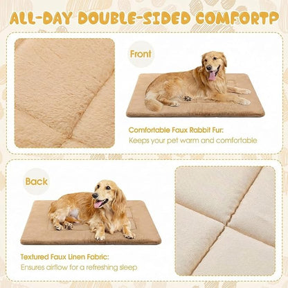 Dunzy 2 Pack Dog Bed Mat 24x18 Memory Foam Pet Crate Pad Orthopedic Dog Bed for Small Medium Breed Soft Comfy Faux Fur Linen Reversible Machine Washable Kennel Cozy Sleeping Mat Light Gray Camel