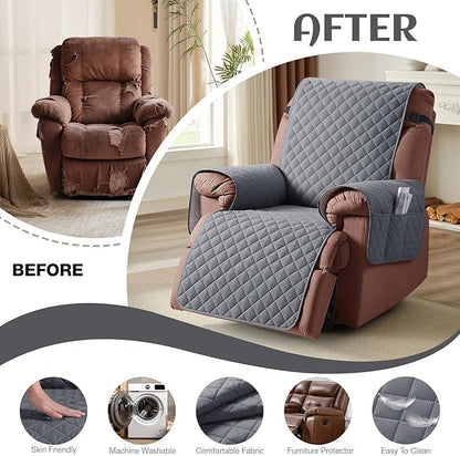 KinCam 100% Waterproof Recliner Chair Cover, Reclining Couch Covers for Pets, Dogs, Recliner Couch Slipcover Furniture Protector with Elastic Straps for Kids(30", Dark Gray)