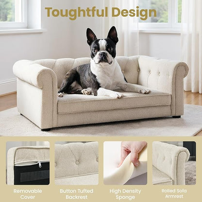 Elevated Dog Sofa with Backrest and Armrests, Button Tufted Dog Couch Bed with Soft Cushion for Medium Dogs, Stylish Lounging Bed Pet Couch Chair, 60Lbs Weight Capacity, Beige
