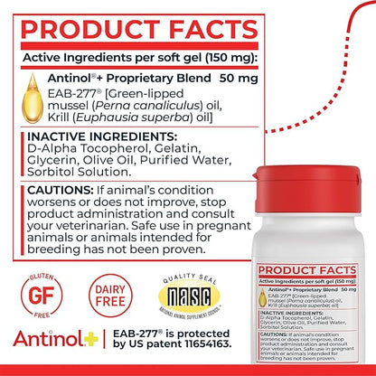 Antinol Plus, Mobility, Hip, and Joint Supplement for Dogs, Green-Lipped Mussels and Krill Oil - Dog Joint Supplement, Better and Faster Than Glucosamine and Chondroitin, 150 Soft Gels