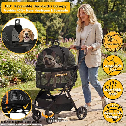 PAWZIDEA Pet Stroller 4 in 1, Foldable Cat Stroller with Detachable Carrier for Small Medium Dogs & Cats, Escape-Proof No-Zip Canopy, Lightweight Portable Travel Crate & Car Seat Combo, Storage Basket