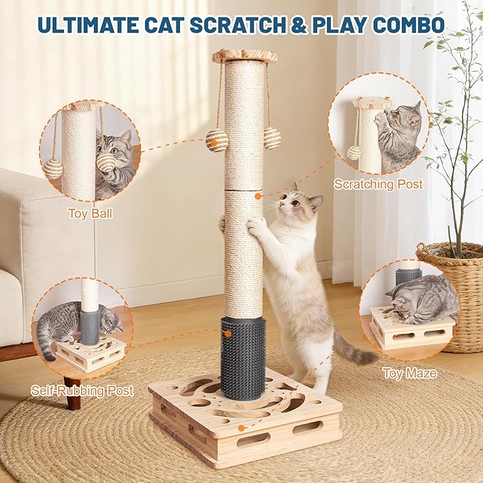 30.3 Inch Large Cat Scratching Post, 4-in-1 Interactive Maze Base with Cat Self Groomer, Natural Pine Wood & Premium Sisal Scratching Pole, Anti-Slip Detachable Design for Indoor Cats