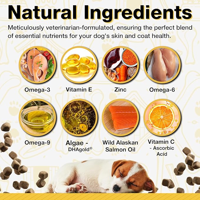 Dog Fish Oil Supplements - 60 Omega 3 Fish Oil Dog Vitamins, Veterinarian Formulated Itching Relief for Dogs, Natural Omega 3 Fish Oil for Dogs, Dog Skin and Coat Supplement (Salmon Flavor)