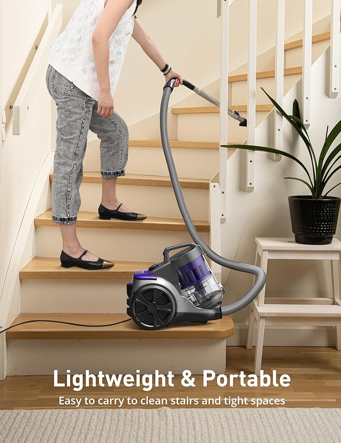 Aspiron 1700W Canister Vacuum Cleaner, 45Kpa Bagless Vacuum Cleaner, Multi-Cyclonic Filtration, 2 Anti-Allergen HEPA Filters, 3.5QT Dust Cup, 4 Tools, Corded Vacuum for Hard Floor, Pet Hair, Wisteria