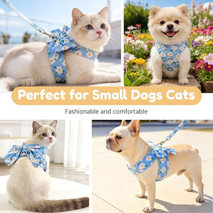 BAEJMJK Dog Harness and Leash Set with Bow Knot No Pull Pet Daisy Floral Harness with D-Ring Soft Mesh Dog Harness Vest Set Escape Proof Princess Puppy Harness for Small Girl Dogs Cats（Blue B XS）