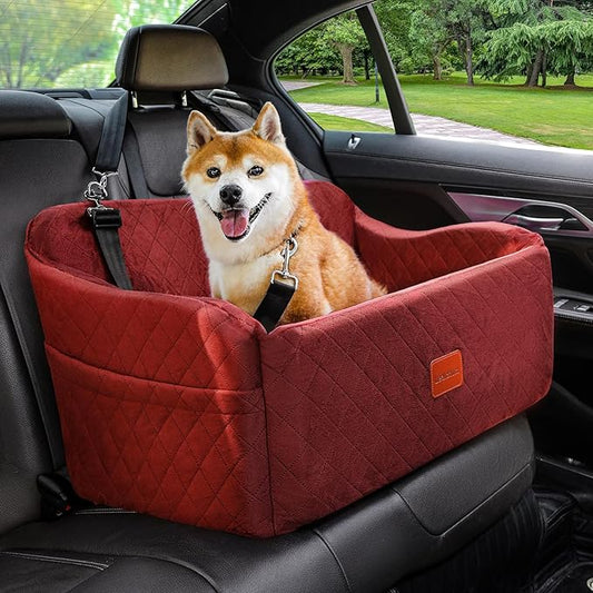 Lealchum Dog Car Seat for Medium/Large Dogs,2 Clip-On Safety Leashs for 2 Small Dogs,Removable and Washable Comfy Pet Car Seat,Easy to Install and Clean (Red, Large)