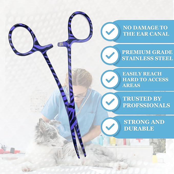 Dog Pet Ear/Nose Hair Puller Grooming Hemostat Locking Forceps Curved Pliers, 5.5" (14cm) Full Serrated Clamps Stainless Steel (Purple Candy Swirls)