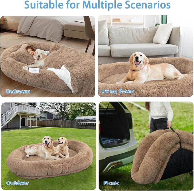 Human Dog Bed, 71''x45''x12'' Size Fits People and Pet 10 CM Thick Memory Foam Washable Adult Large Bed Giant Oversize Foldable Dog Bed with Plump Pillow, Blanket, Strap - Khaki