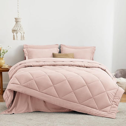 Love's cabin King Size Comforter Set Pink, 7 Pieces King Bed in a Bag, All Season Bedding Sets with 1 Comforter, 1 Flat Sheet, 1 Fitted Sheet, 2 Pillowcase and 2 Pillow Sham