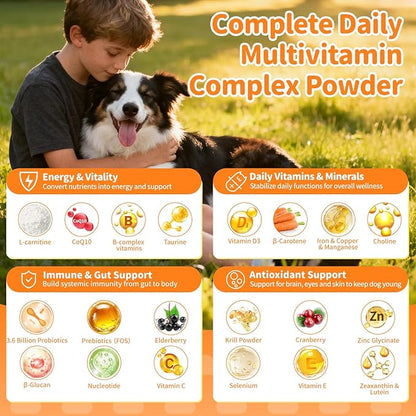 Dog Vitamins and Supplements for Daily Energy, Immune, Antioxidant, Gut, Skin & Coat, Dog Multivitamin Powder for Homemade Food with L-Carnitine, Taurine, Probiotics - Chicken Flavor, 75 Scoops