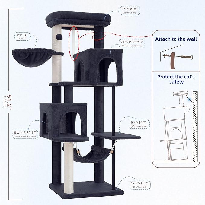 Gitelsnour 51.2'' Cat Tree Tower, Cat Tower with Scratching Post, Sturdy Steel Pube Cat Tree for Inoor Cats Large Adult, Cat Hammock and Basket, Padding Top Platform, Drak Gray GCT014G