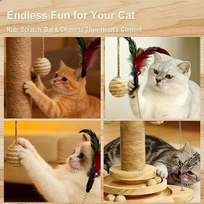 Wooden Cat Scratching Post, 4 in 1 Cat Scratcher Kitten Toys for Indoor Cats, 17.7" Tall Sisal Post with Two-Laye Wooden Ball Track, Ideal for Small Medium Cat