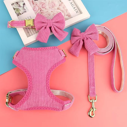 Didog Cute Small Dog Harness Collar and Leash Set with Bowtie, Breathable Soft Mesh Padded Puppy Harness, Dog Harness for Small Dogs Daily Walks Parties, Holiday Gatherings & Gifts, Hot Pink, M