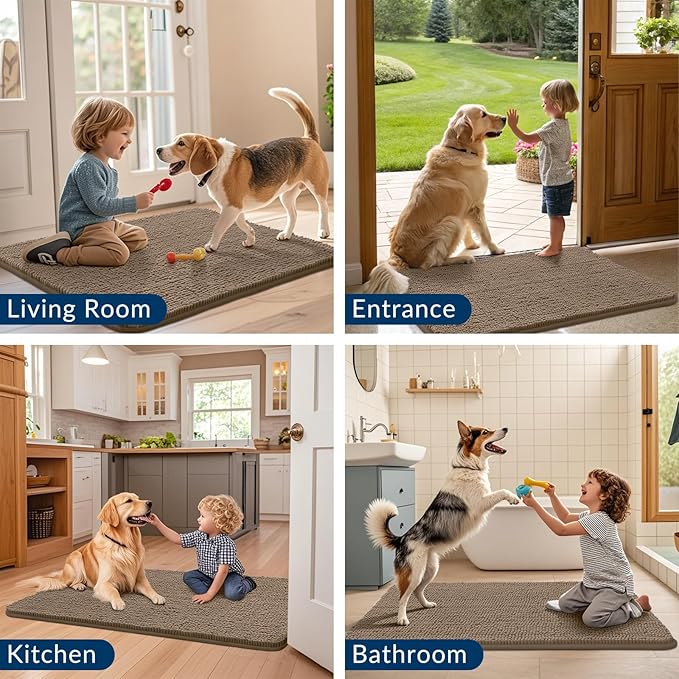 Smiry Dog Door Mat for Muddy Paws 36x24, Absorbs Moisture and Dirt Doormat, Non-Slip Washable Quick Dry Chenille Front Door Mat Indoor Entrance, Entryway Carpet for Inside Floor, Camel