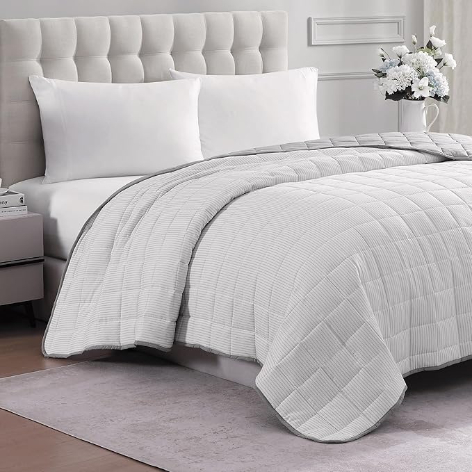 Casa Platino Pre-Washed Soft Lightweight Premium Reversible Down Alternative Blanket - All Season Ticking Stripe Silver