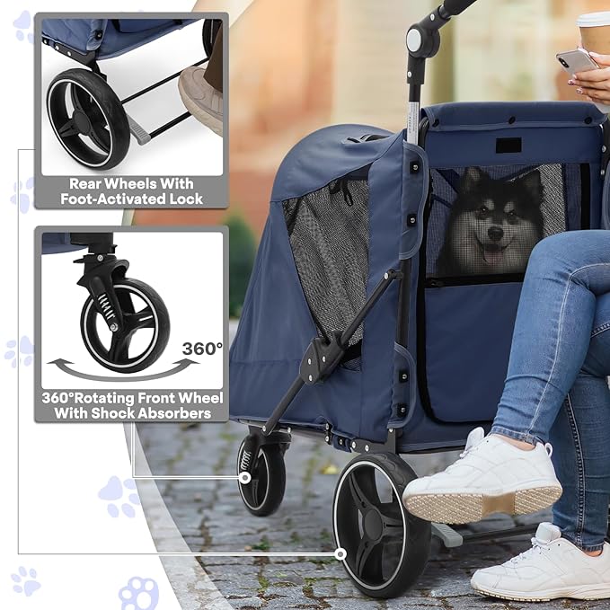 Pet Stroller for Large Dogs or Multiple Dogs Cats with Adjustable Handle, 3-Wheels Dual Entry Visible Portable Dog Carting Easy Folding Pet Wagon Double Dog Stroller up to 55 lbs, Navy Blue